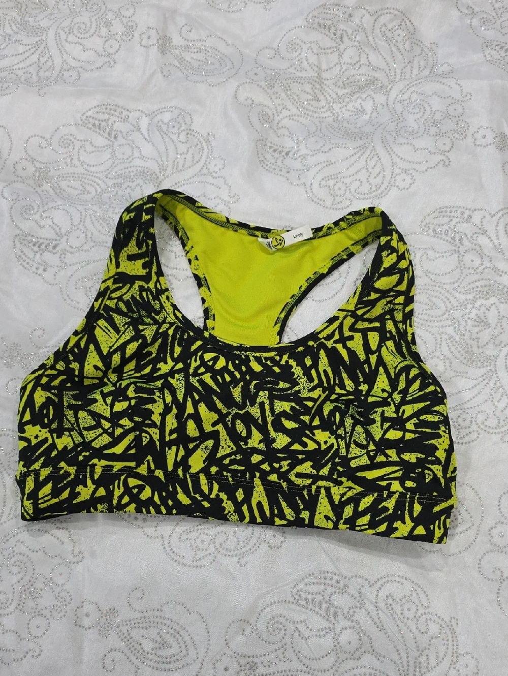 Zumba Fitness Neon Yellow & Black Abstract Racerback Sports Bra - Bold Print